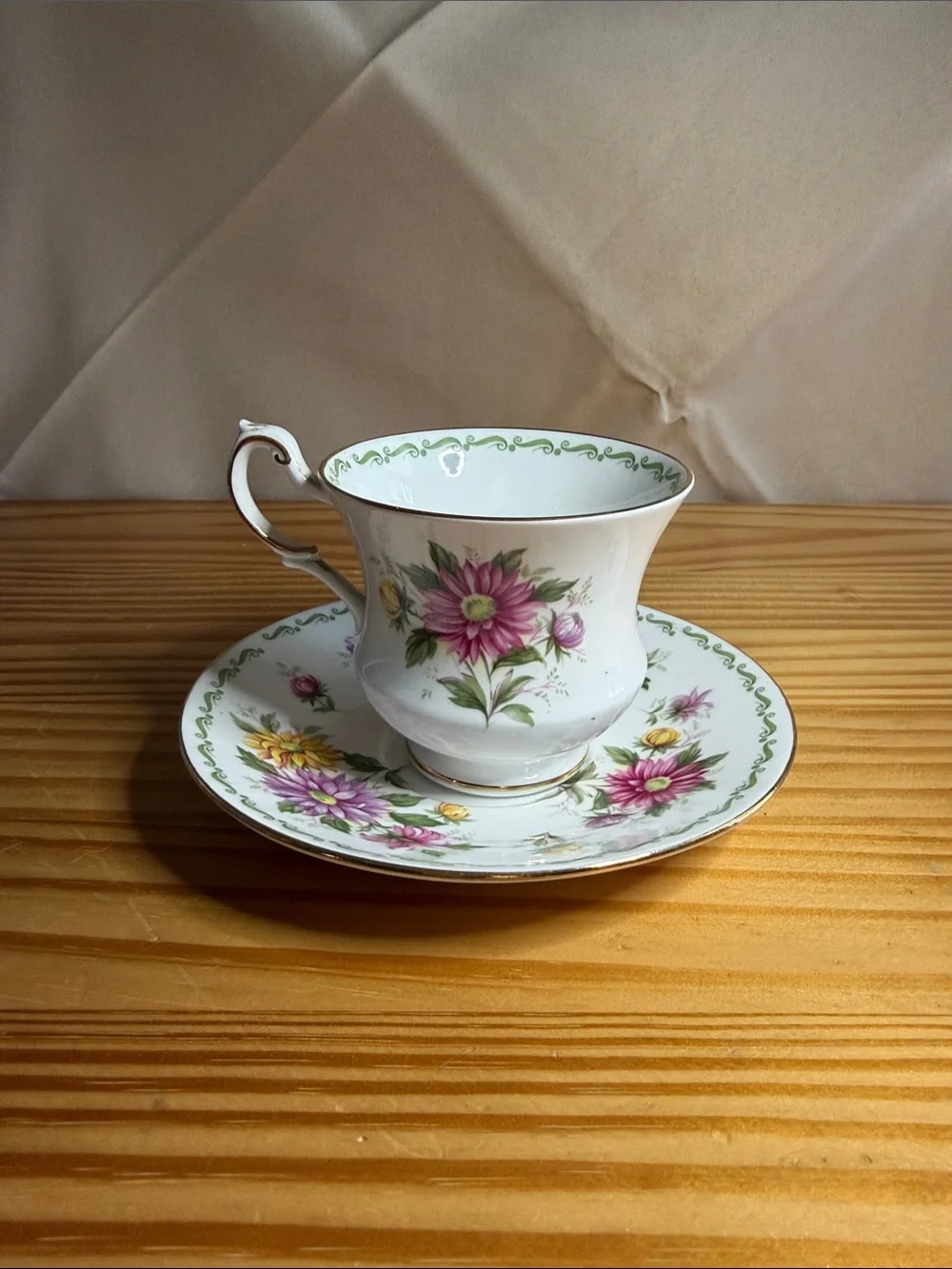 Vintage Queens Bone China September Aster Teacup & Saucer Set England